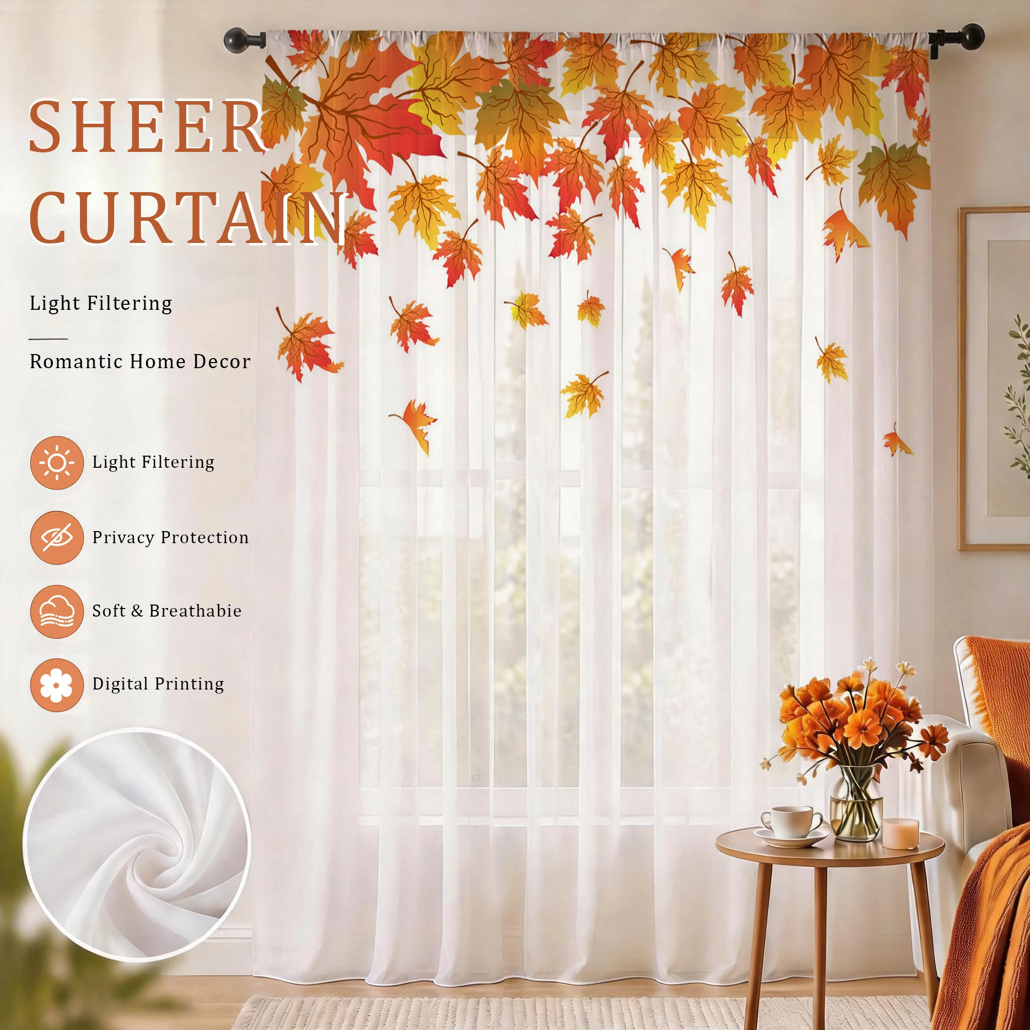 Curtain Sheer Voile - Maple leaf Modern Gradient Sheer Curtain,