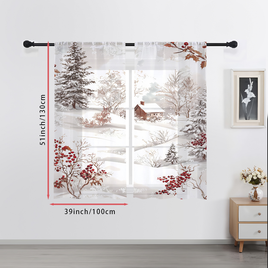Curtain Sheer Voile - 2PCS Sheer Curtains Winter Snow Village