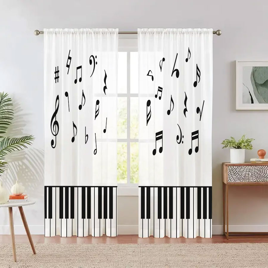 Curtain Sheer Voile - 2PCS Digital Print Sheer Curtain, Piano