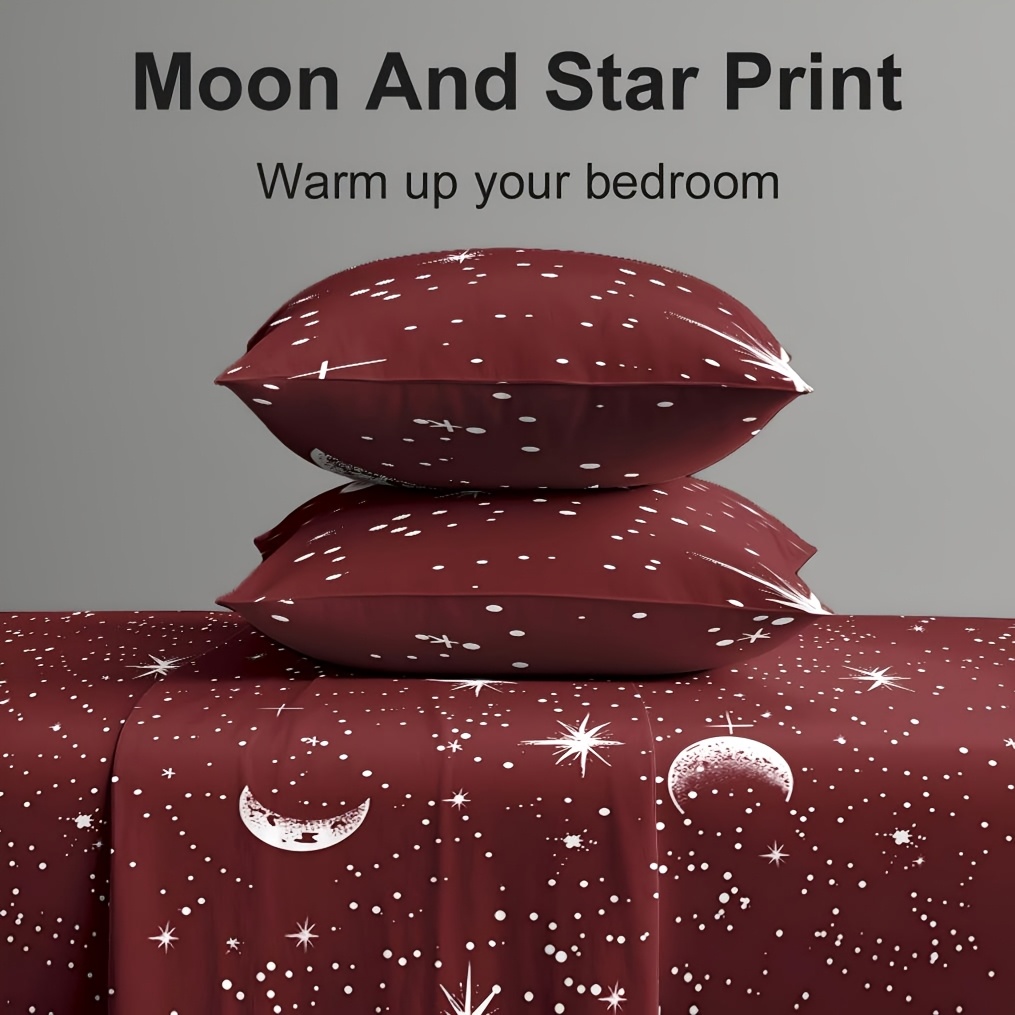 4Pcs Red Moon And Star Print M - đánh giá và giá Bed Sheet Microfiber